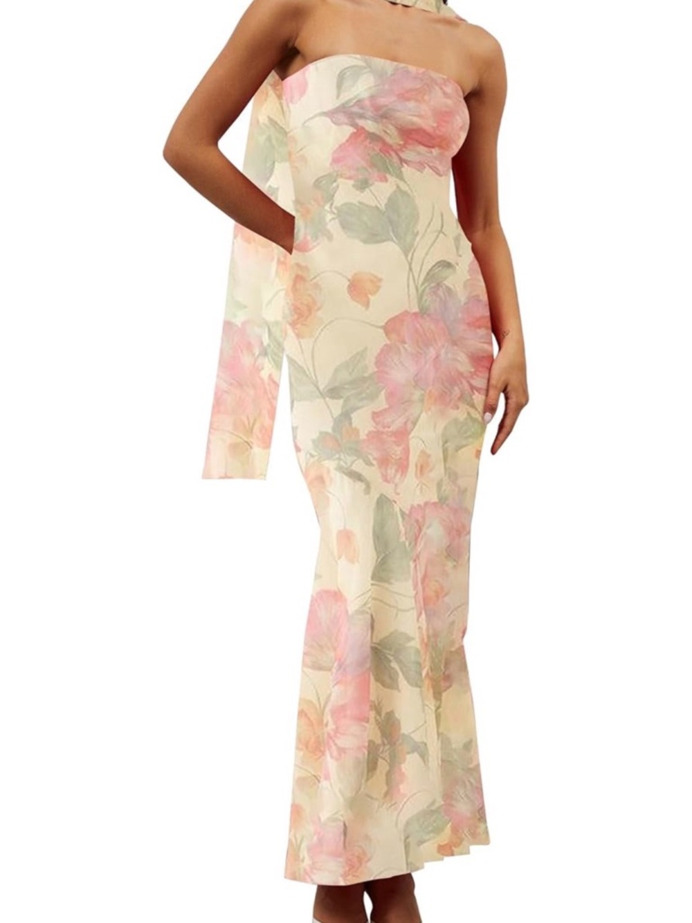 Amazon Strapless Floral Column Dress in Cream and Pink